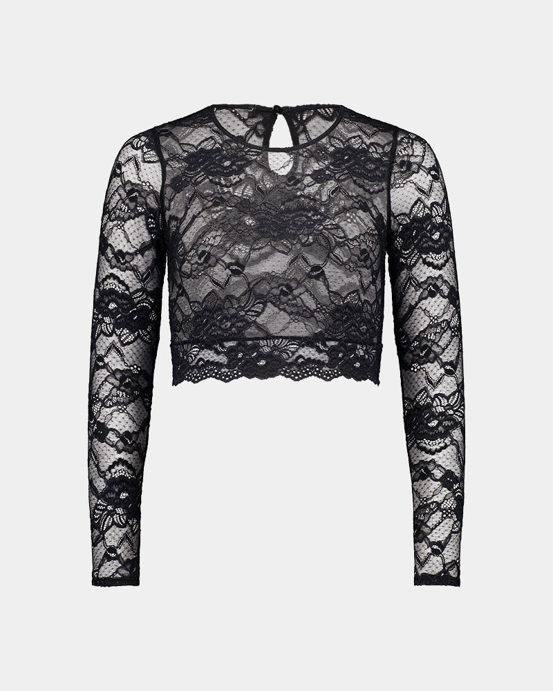 My Fit Lace Long Sleeve Top in BLACK. Flat lay front view