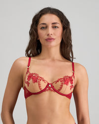 Model wears Niara Underwire Bra in JESTER RED. On body front view