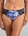 Model wears Wild Violet Full Brief in BLUE HYDRANGEA PRINT. On body front view