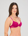 Model wears Stripe Elastic & Papertouch Push Up Bra in FANTASY FUCHSIA. On body side view