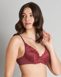 Model wears Embrace Contour Bra in OXBLOOD RED. On body side view