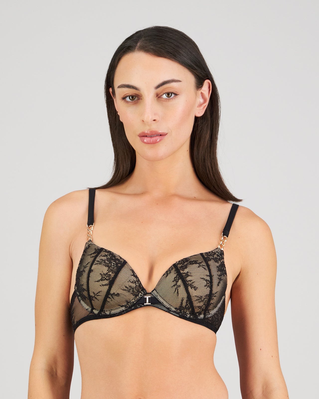 Model wears Scarlet Lover Push Up Bra in BLACK. On body front view