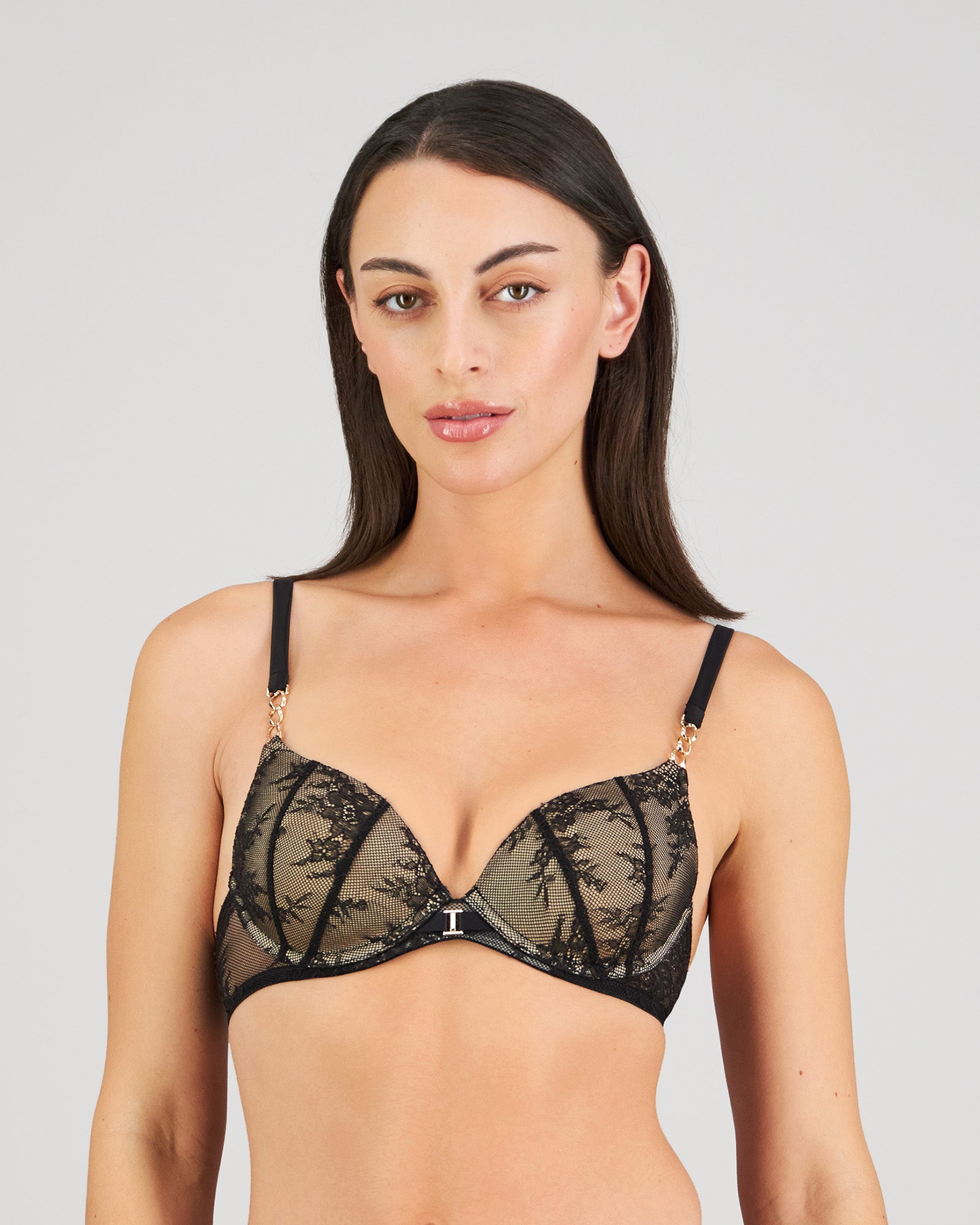 Model wears Scarlet Lover Push Up Bra in BLACK. On body front view