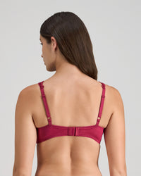 Model wears Damask Contour Bra in BEAUJOLAIS. On body back view