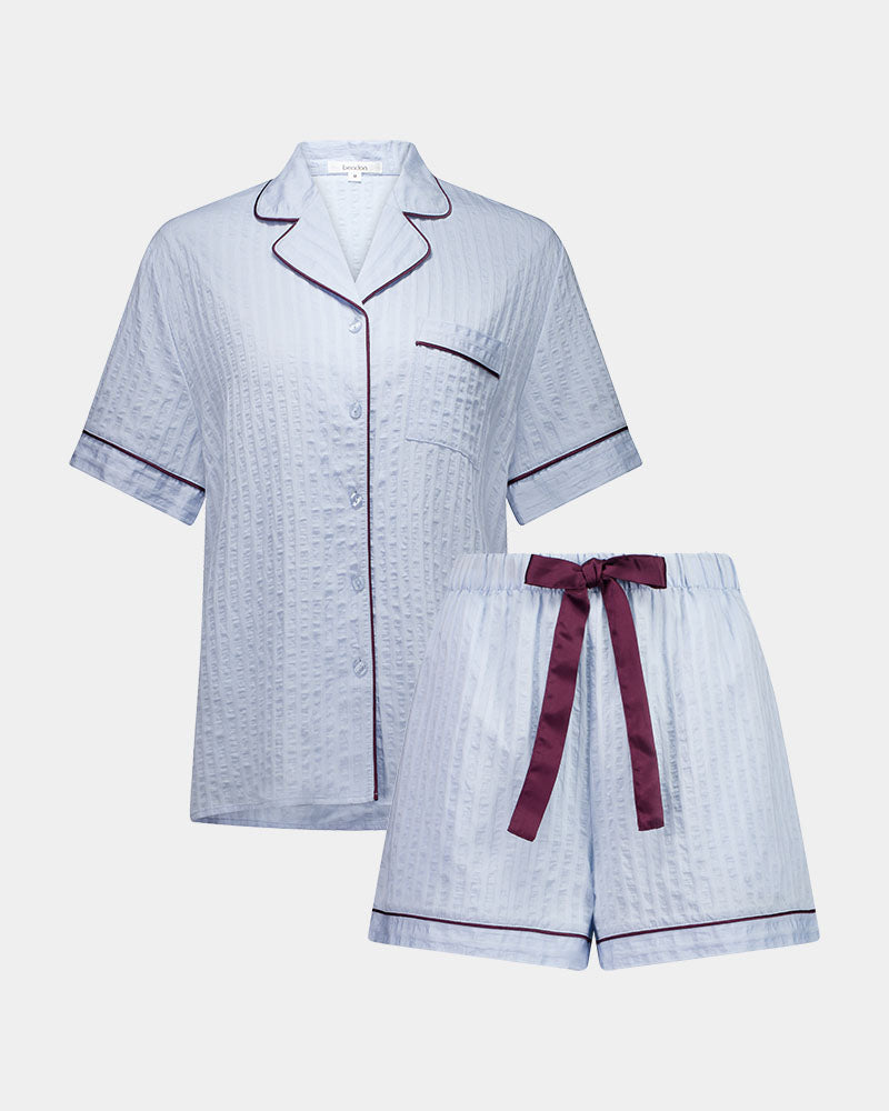 Whisper Weave Short Pj Set in SKYWAY. Flat lay front view