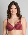 Model wears Embrace Contour Bra in OXBLOOD RED. On body front view