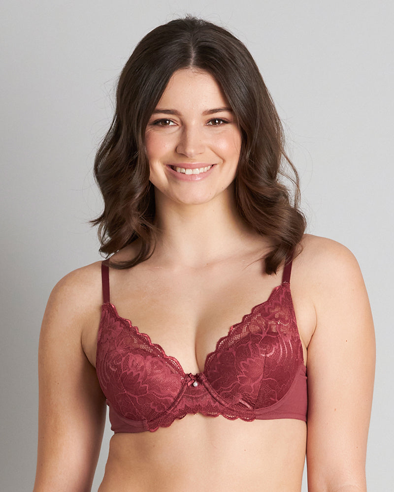 Model wears Embrace Contour Bra in OXBLOOD RED. On body front view