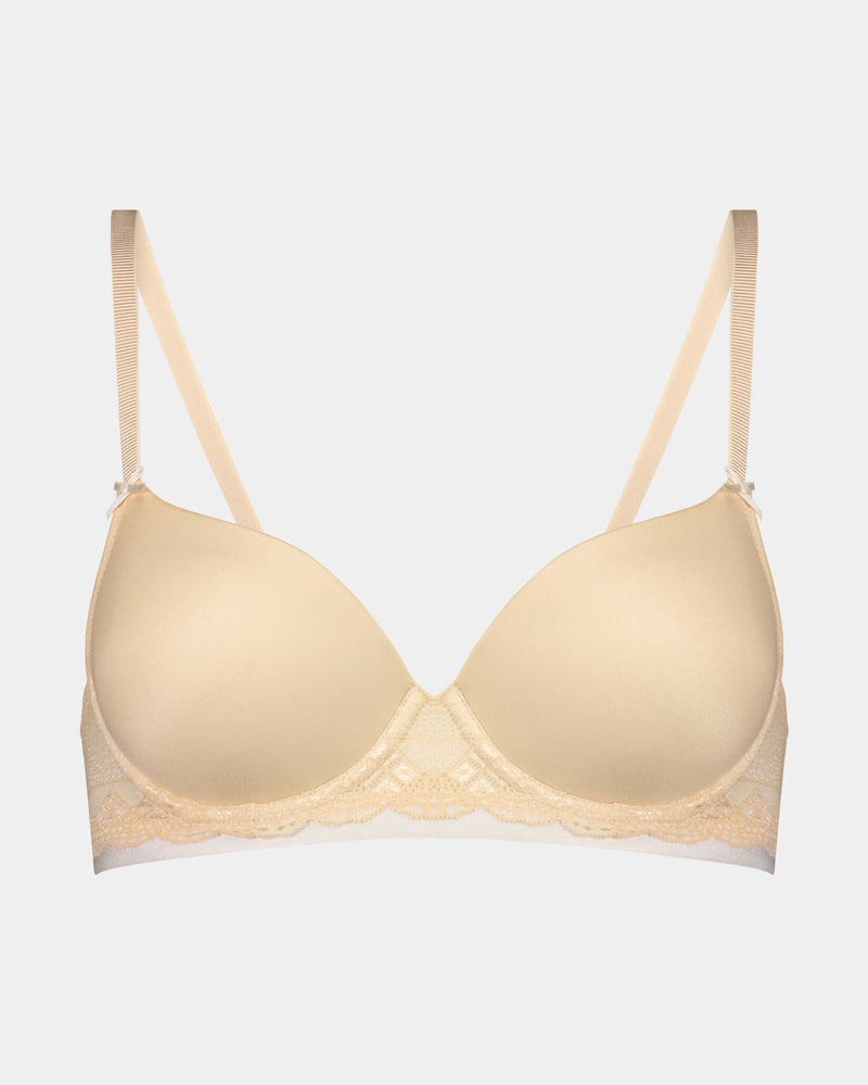 Geometric Lace Contour Bra in TOASTED ALMOND/PRISTINE. Flat lay front view