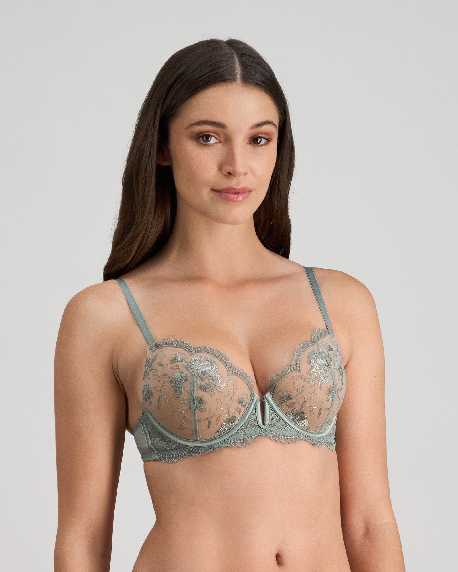 Model wears Romilly Push Up Bra in ICEBERG GREEN. On body side view