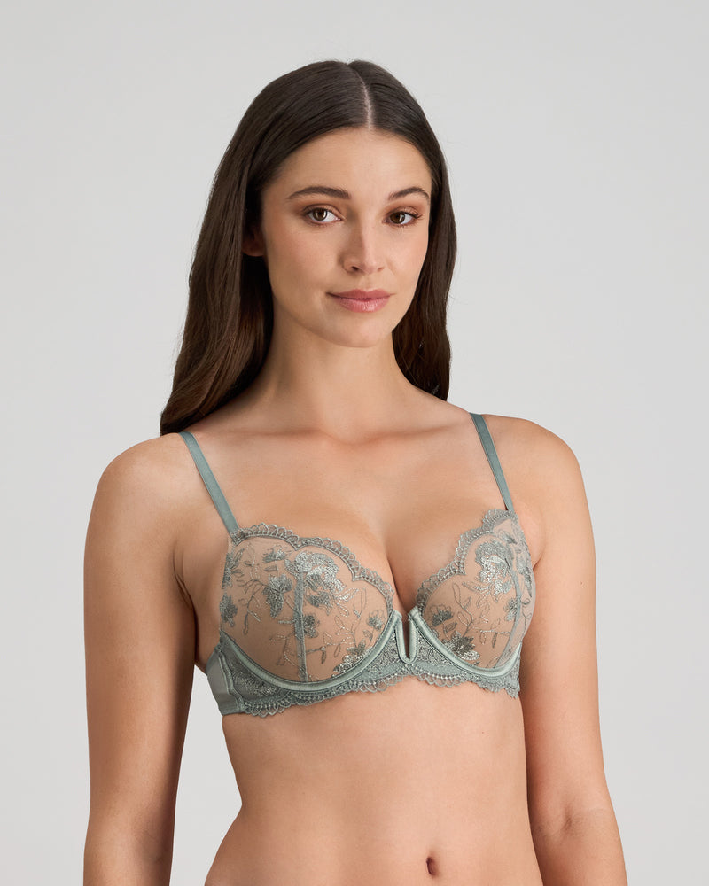 Model wears Romilly Push Up Bra in ICEBERG GREEN. On body side view