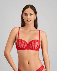 Model wears Sofia Contour Bra in SALSA. On body front view