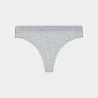 Cotton Logo Thong in GREY MARL. Flat lay front view