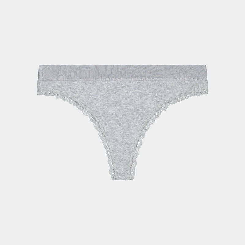 Cotton Logo Thong in GREY MARL. Flat lay front view