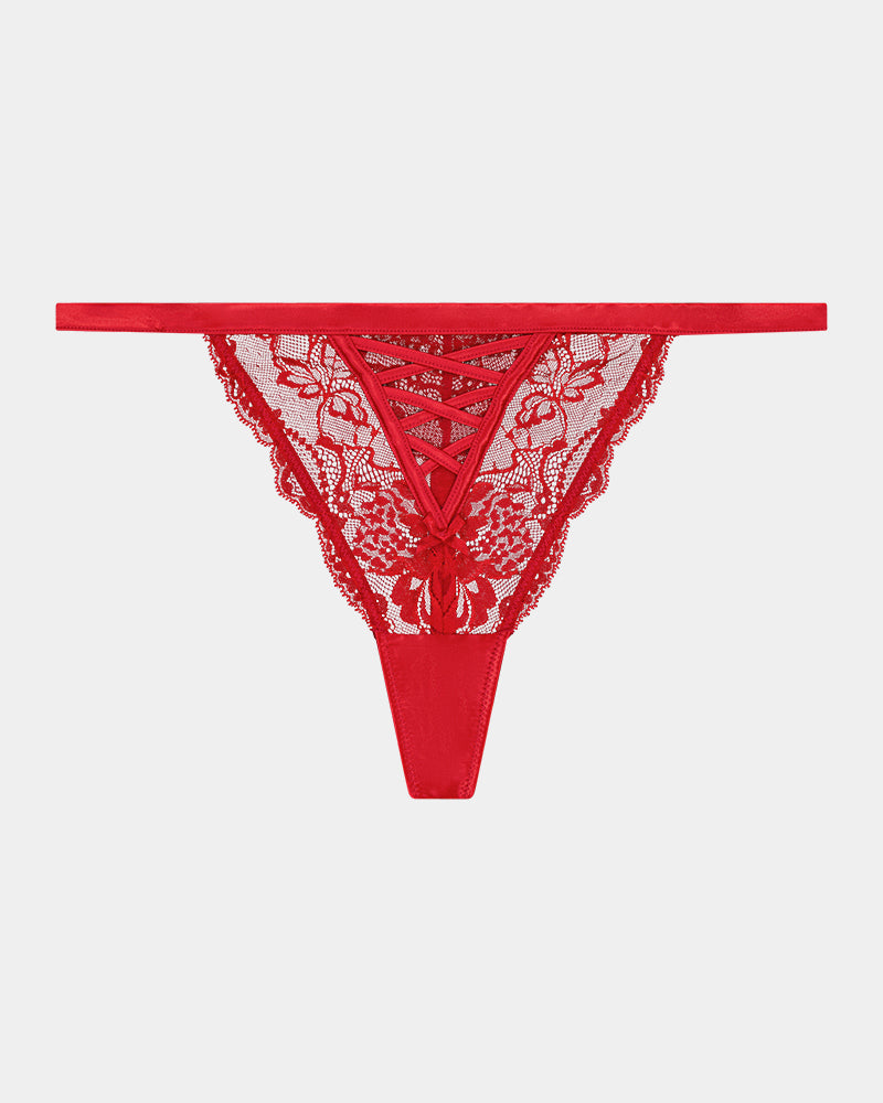 Lace Me Up Thong in JESTER RED. Flat lay front view