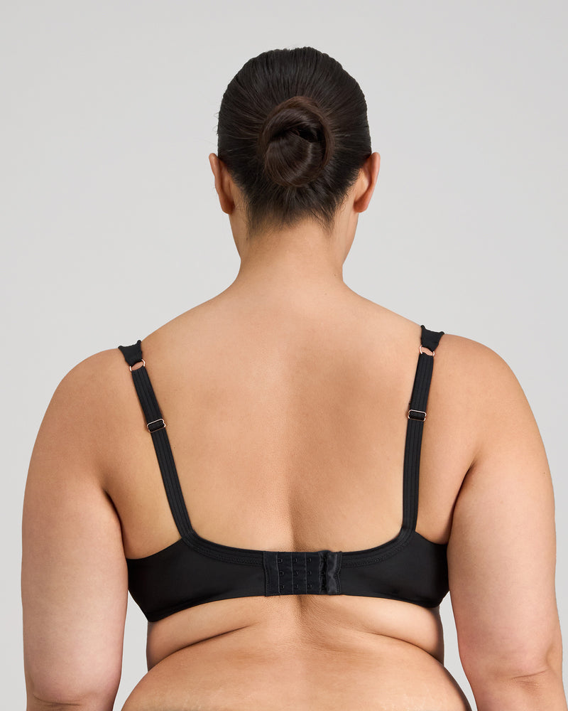 Model wears Intrigue Contour Bra in BLACK. On body back view