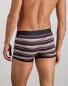 Model wears Bold Stripe Mens Trunk in BLACK/PLUM STRIPE. On body back view