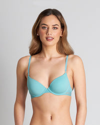 Model wears Stripe Elastic & Papertouch Push Up Bra in PORCELAIN. On body front view
