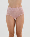 Model wears All Lacey Full Brief in SILVER PINK. On body front view