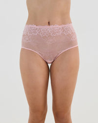 Model wears All Lacey Full Brief in SILVER PINK. On body front view