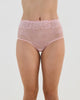 Model wears All Lacey Full Brief in SILVER PINK. On body front view