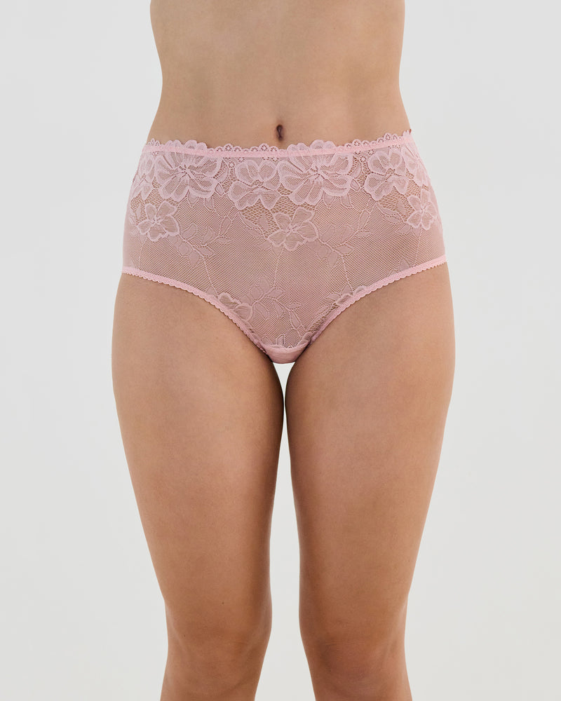 Model wears All Lacey Full Brief in SILVER PINK. On body front view