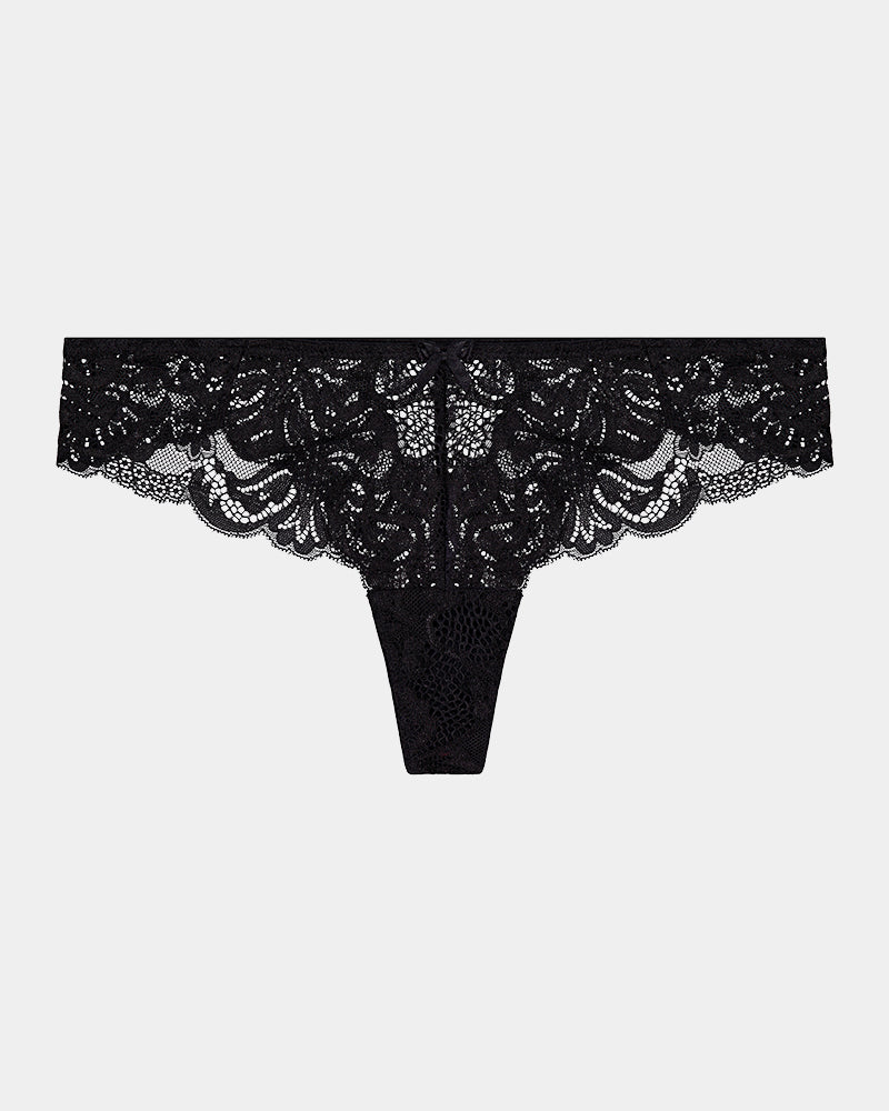 Skylar Thong in BLACK. Flat lay front view
