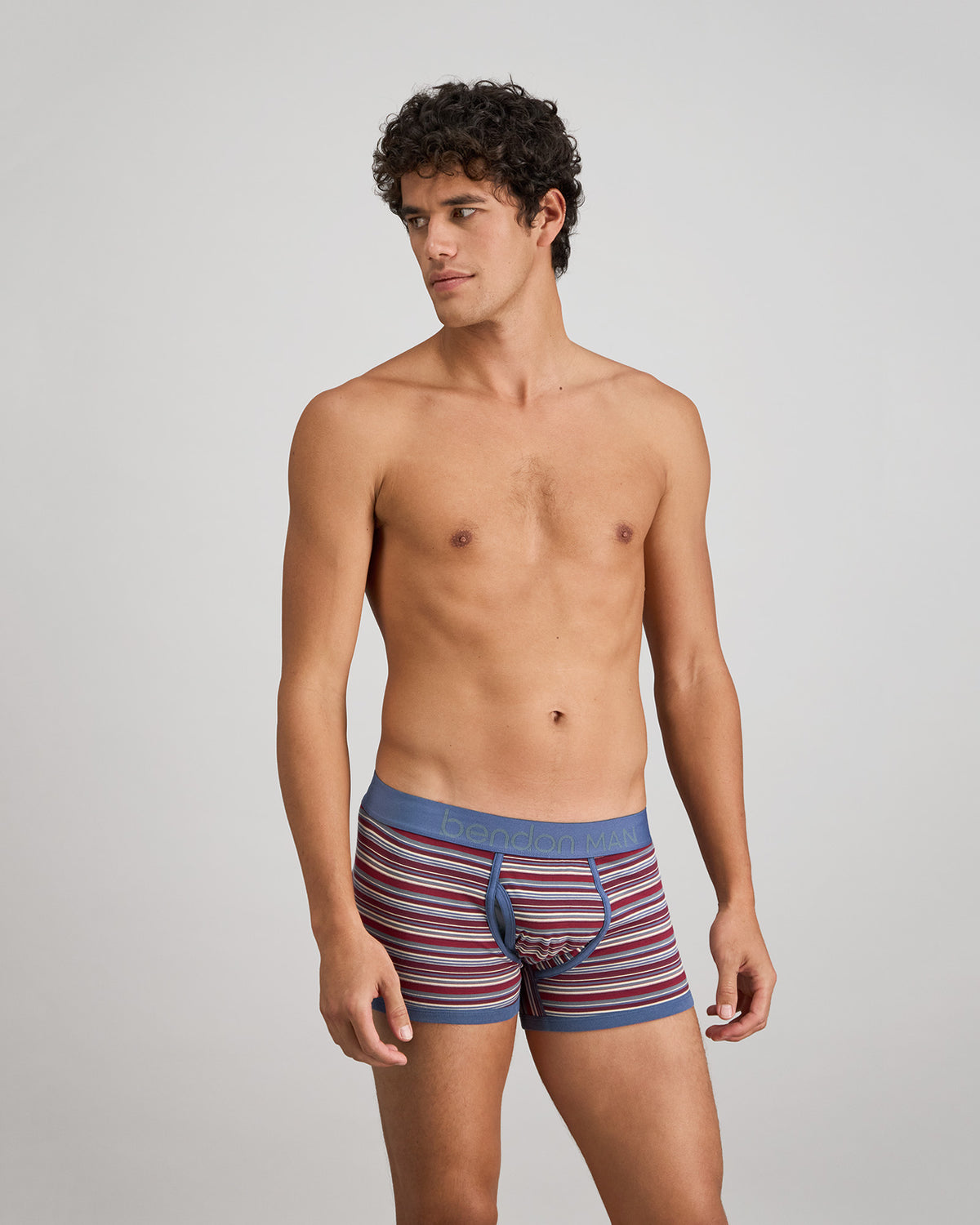 Bold Stripe Mens Trunk in INDIGO/FIG STRIPE. Flat lay back view