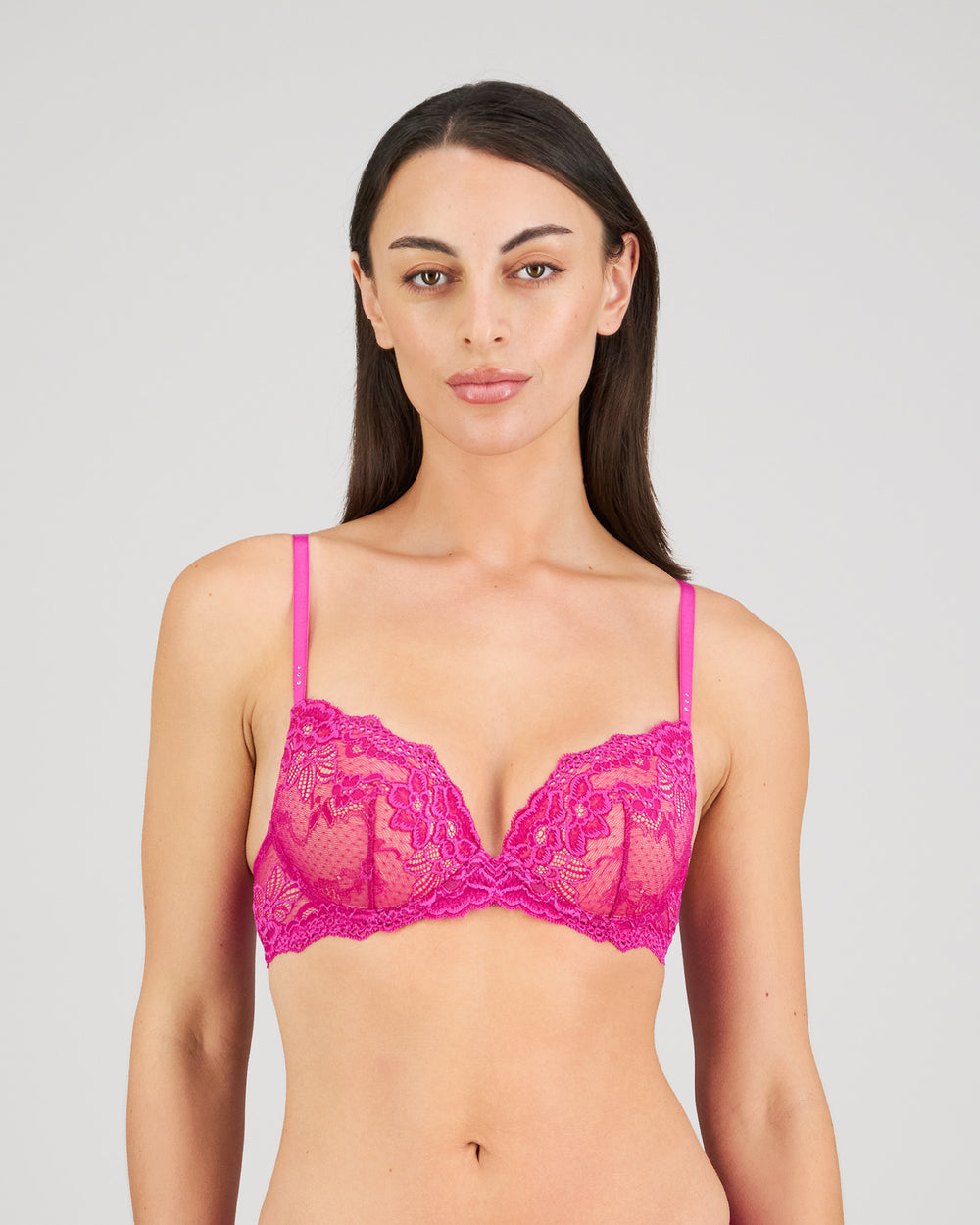 Model wears My Fit Lace Push Up Bra in FANTASY FUCHSIA. On body front view