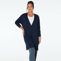 Model wears Halley Cardigan in REFLECTING POND. On body back view