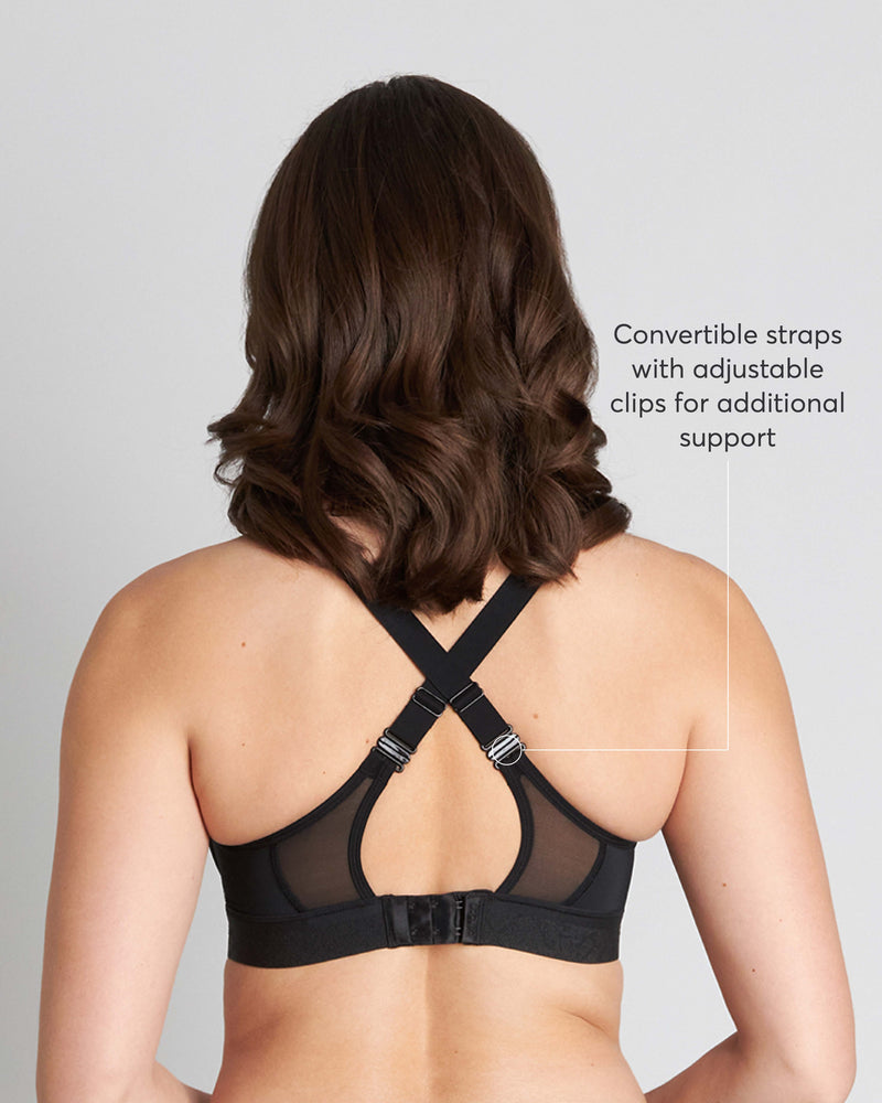 Model wears Bendon Breathe High Impact Sports Bra in BLACK. On body side view