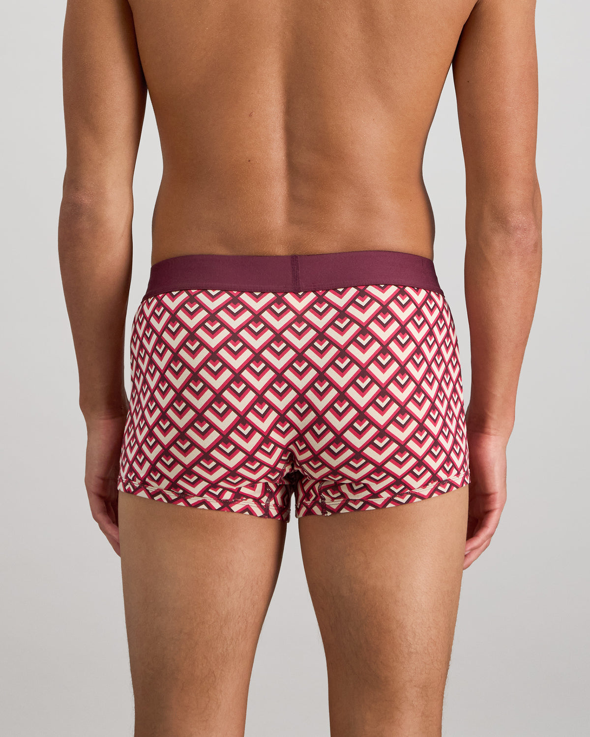 Model wears Retros Print Mens Trunk in ART TILE PRINT. On body back view