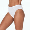 Model wears Body Cotton High Cut Brief in WHITE. On body side view