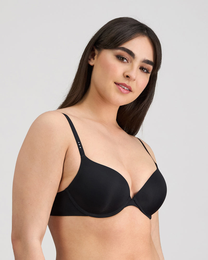 Model wears My Fit Smooth Push Up Bra in BLACK. On body side view