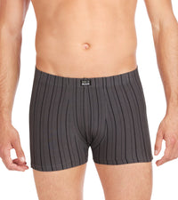Model wears Cotton Stretch Mens Trunk in CHAR BLACK. On body front view