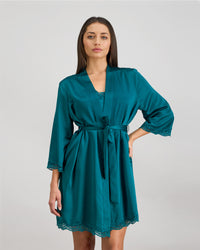 Model wears Sleigh The Night Robe in EVERGLADE. On body front view