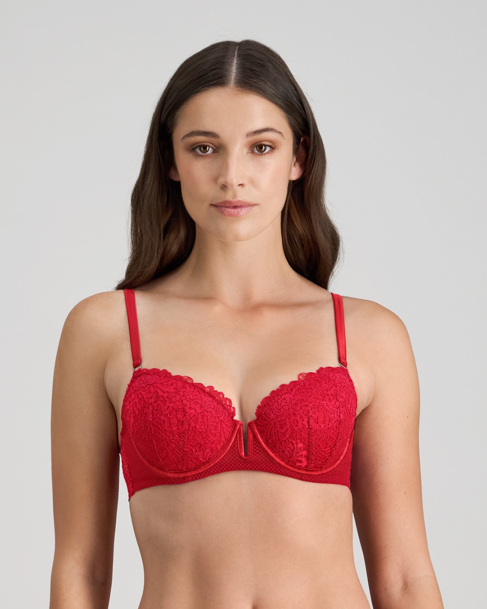 Model wears Adoration Contour Bra in SALSA. On body front view