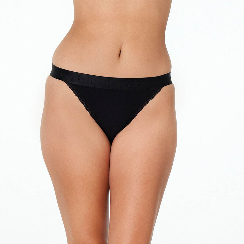 Model wears Cotton Logo Tanga in BLACK. On body front view
