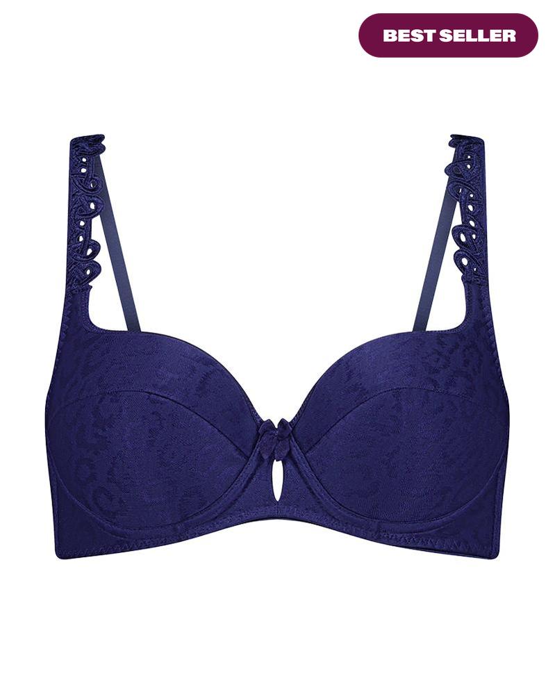 Damask Contour Bra in Medieval Blue. Flat lay front view