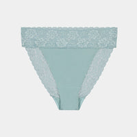 Lace Trim High Cut Brief in ETHER. Flat lay front view