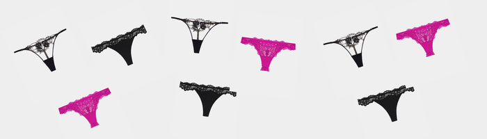 Black and pink thongs arranged in a grid on a white background